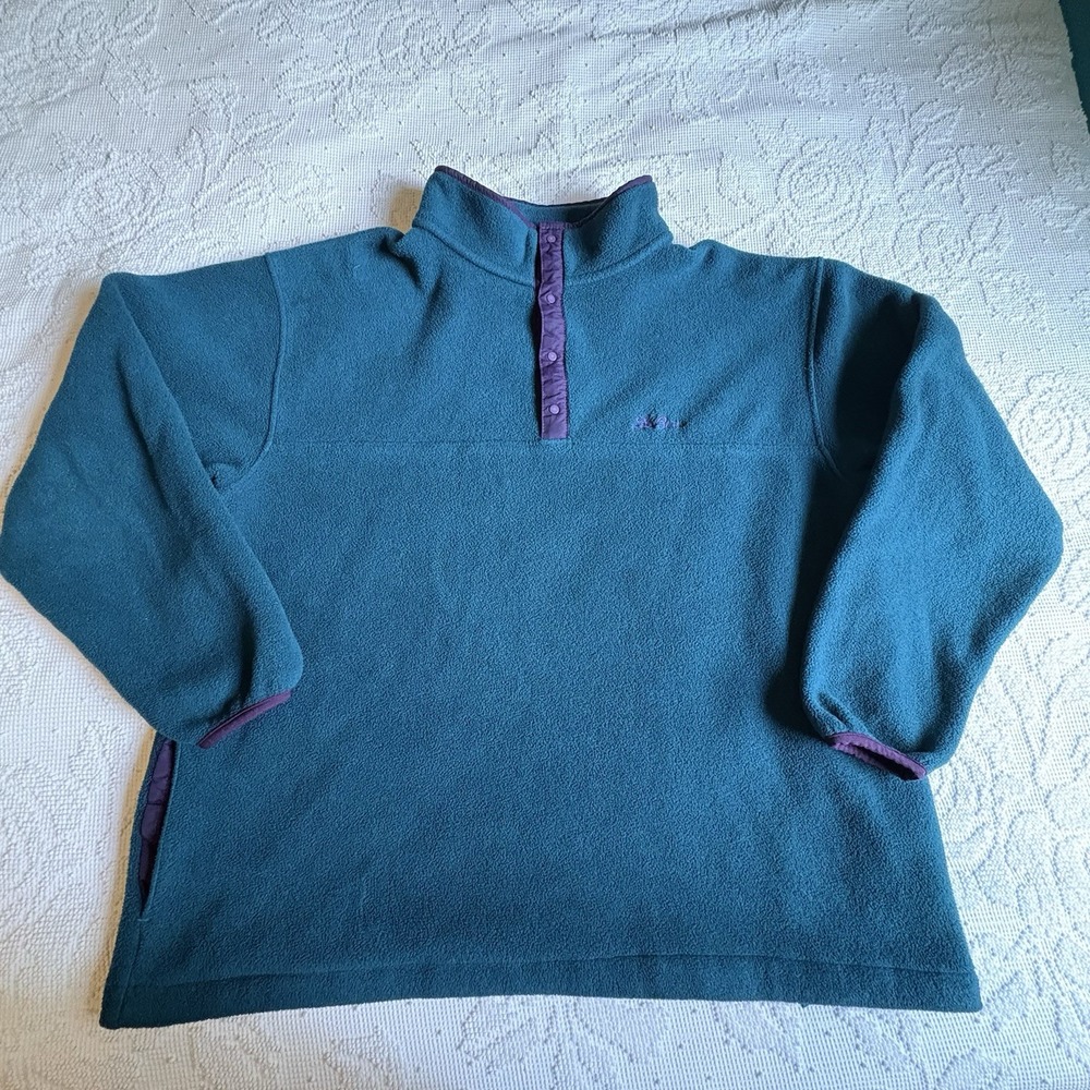 VTG LL Bean Quarter Button Up Fleece Jacket W Pockets Fits Like XL Teal Purple T